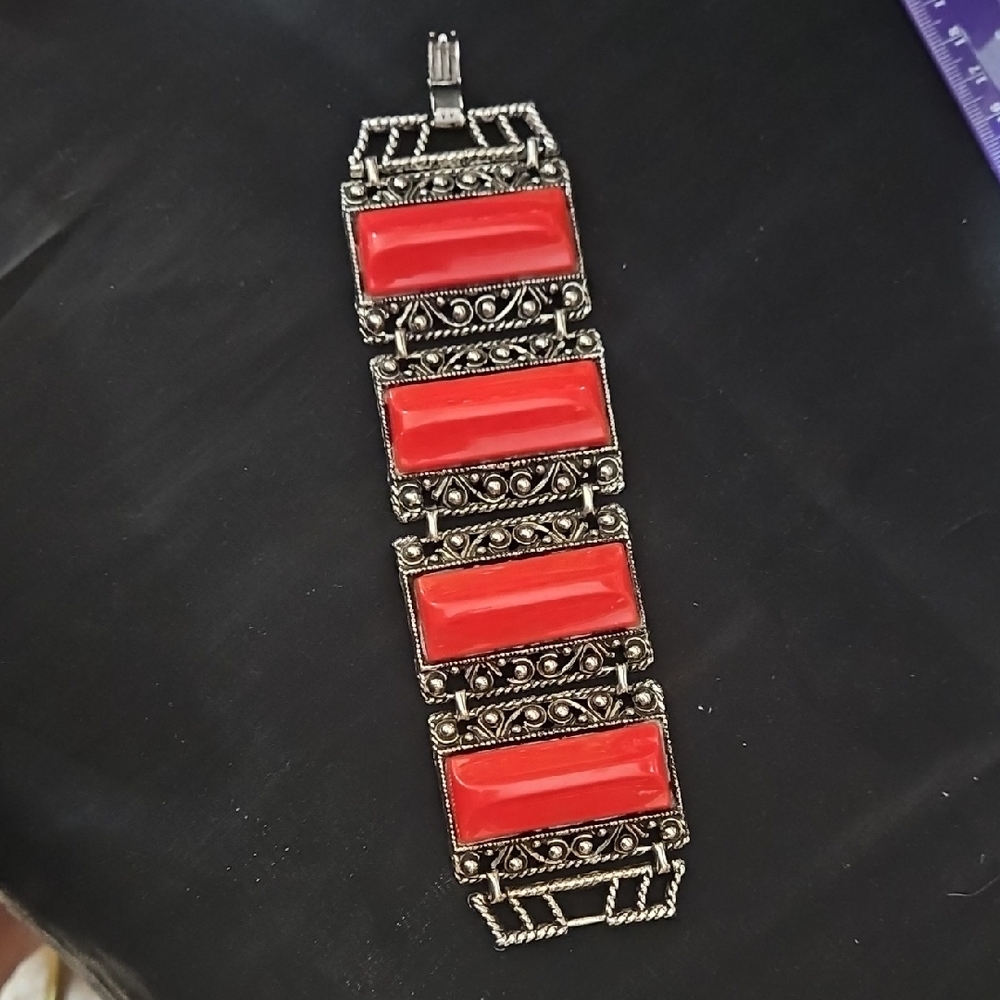Vintage-Inspired Red and Silver Bracelet